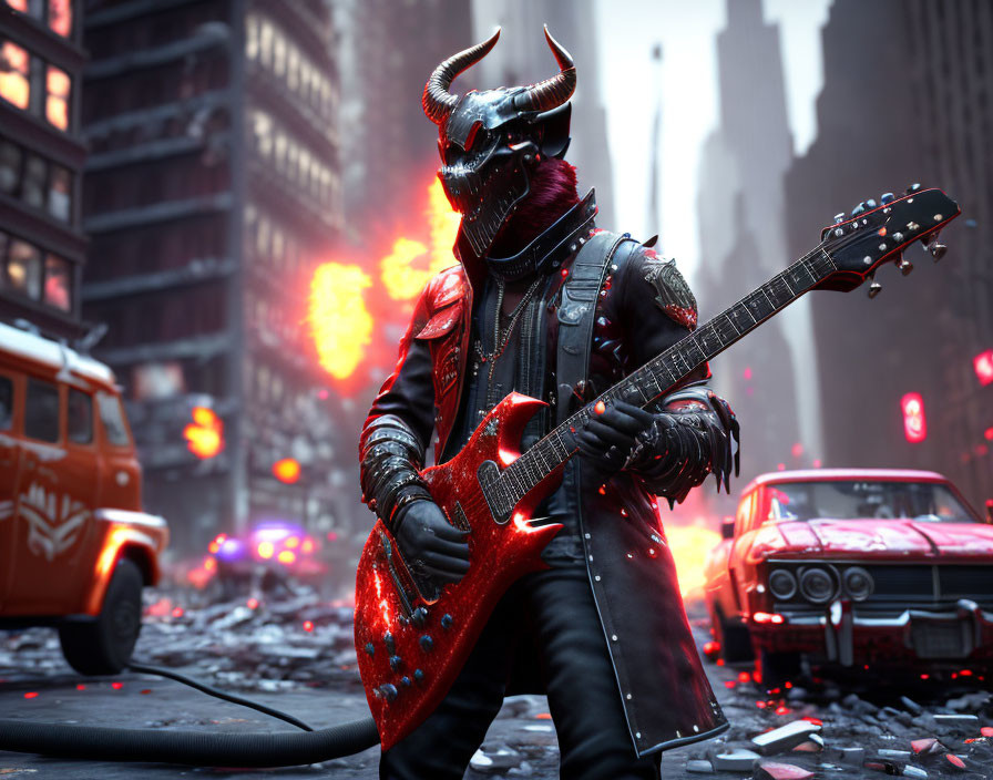 Devilish Masked Character Playing Guitar in City Street Scene