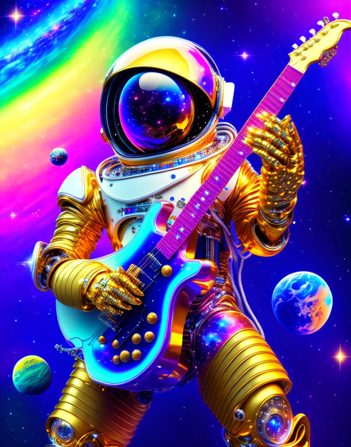 Golden-suited astronaut plays electric guitar in space with cosmic backgrounds