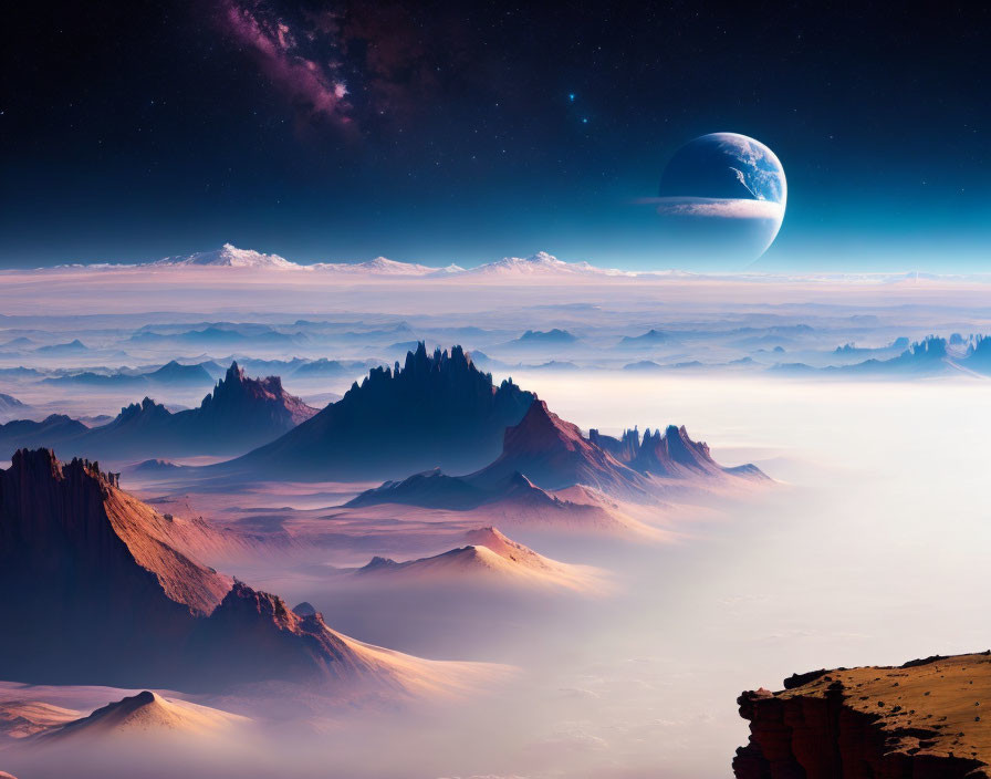 Surreal landscape with jagged peaks and large planet in starry sky
