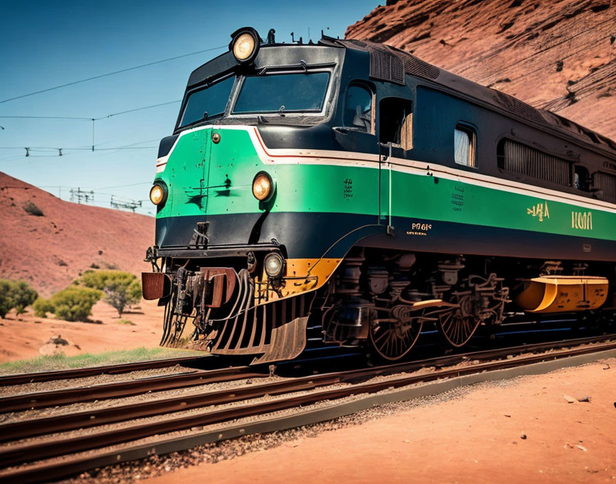 Vintage green and blue train engine on desert tracks
