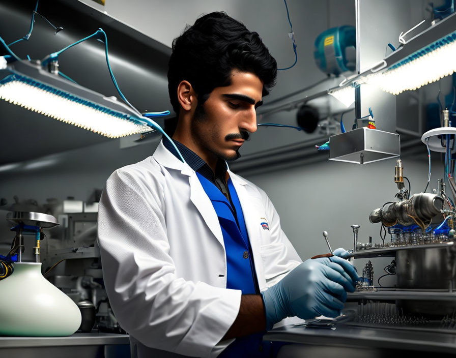Scientist in lab coat conducts experiment with equipment