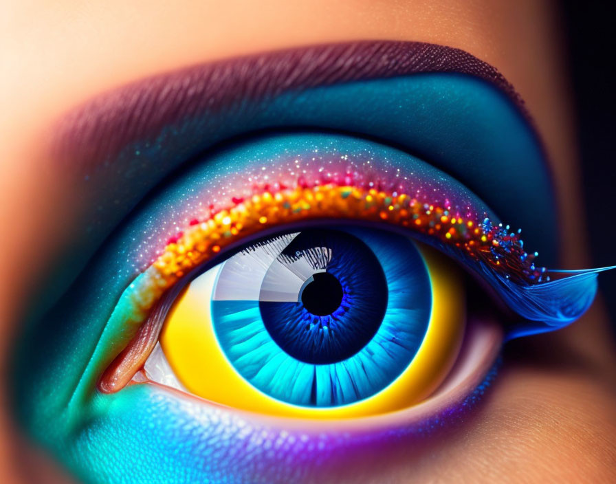 Highly stylized eye with rainbow makeup and feather extension