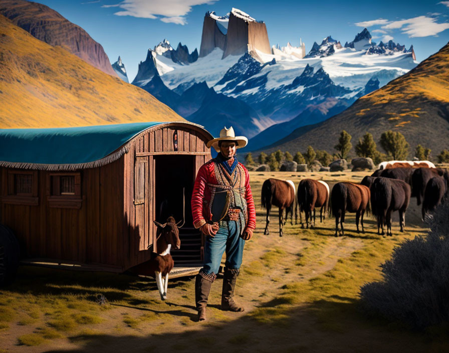 Cowboy with goat and horse-drawn wagon in mountain scenery.