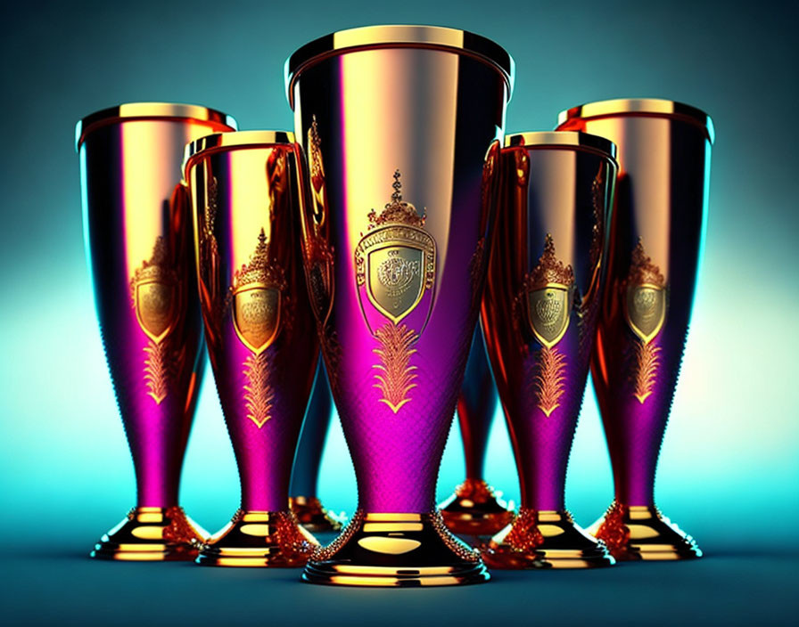 Golden trophies with purple accents on blue background: ornate designs showcased