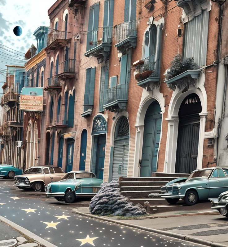 Vintage cars and pastel buildings in whimsical street scene with glowing stars and floating black orb