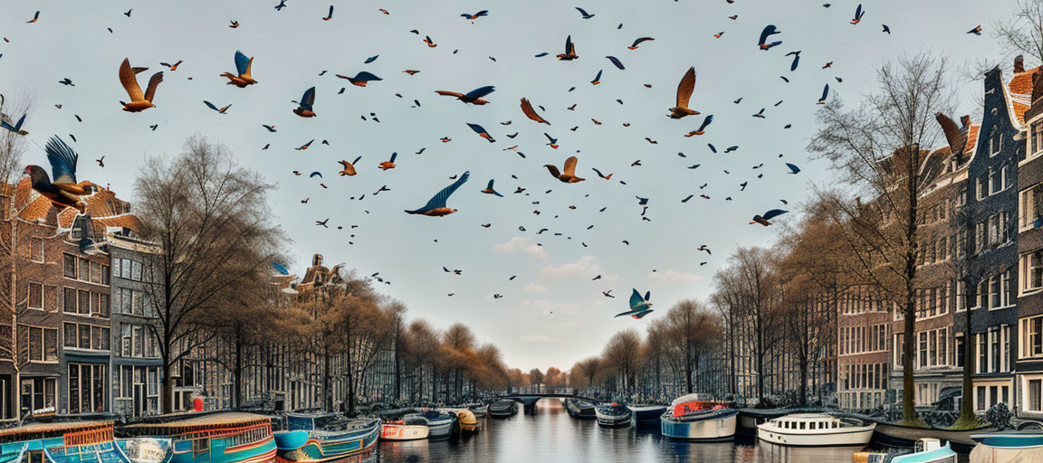 Scenic Amsterdam canal with historic buildings and flying birds