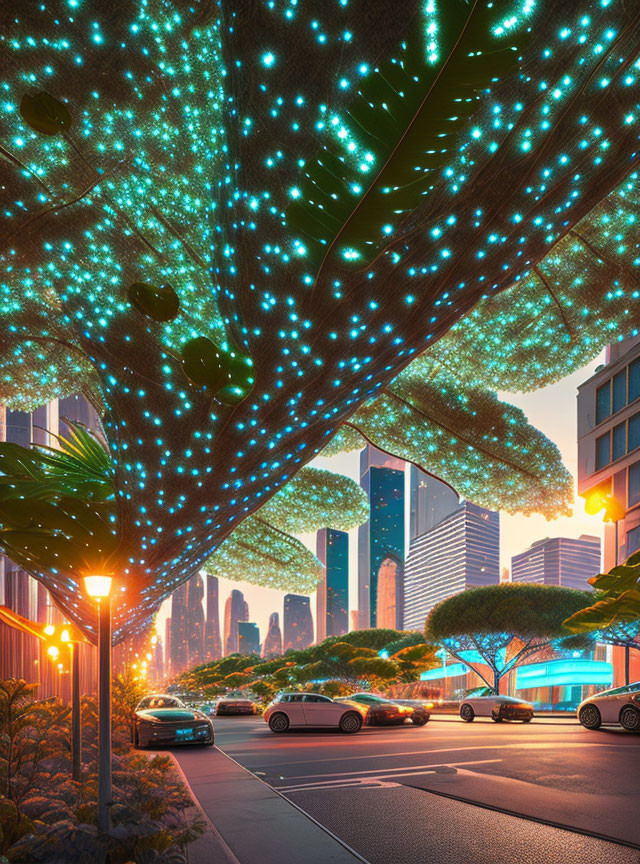 Twilight city street with illuminated trees, skyscrapers, cars, and greenery