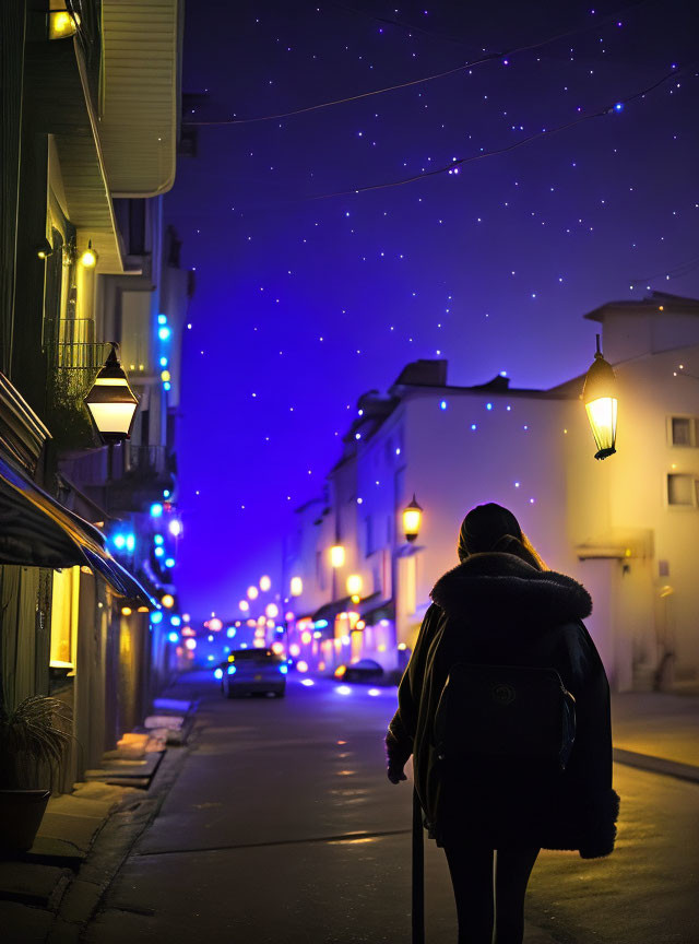 Person walking on dimly lit urban street under starry sky