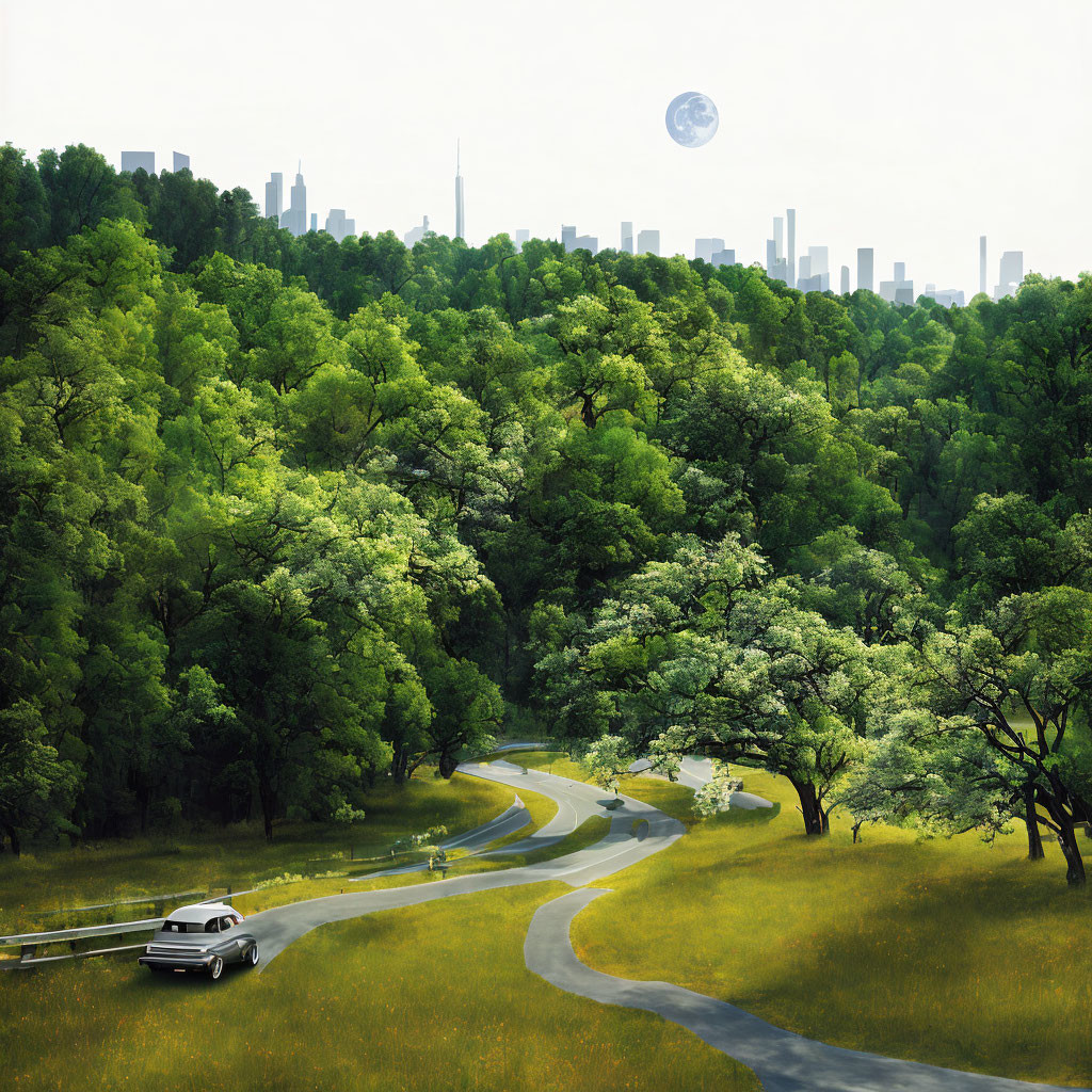 Moonlit forest road with city skyline view and car driving.