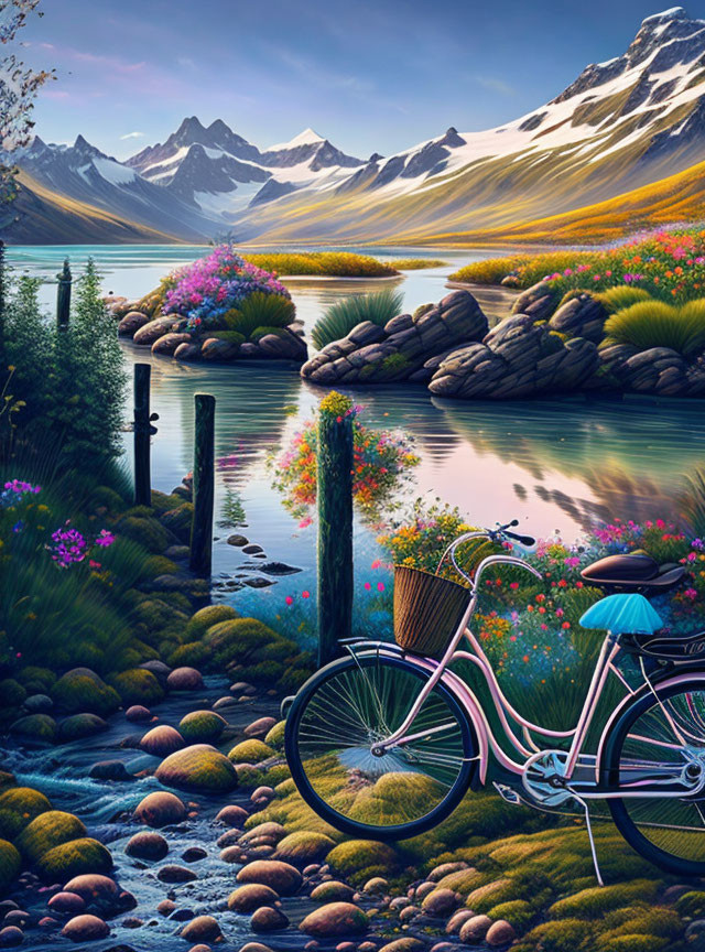 Tranquil mountain lake scene with pink bicycle by wooden fence