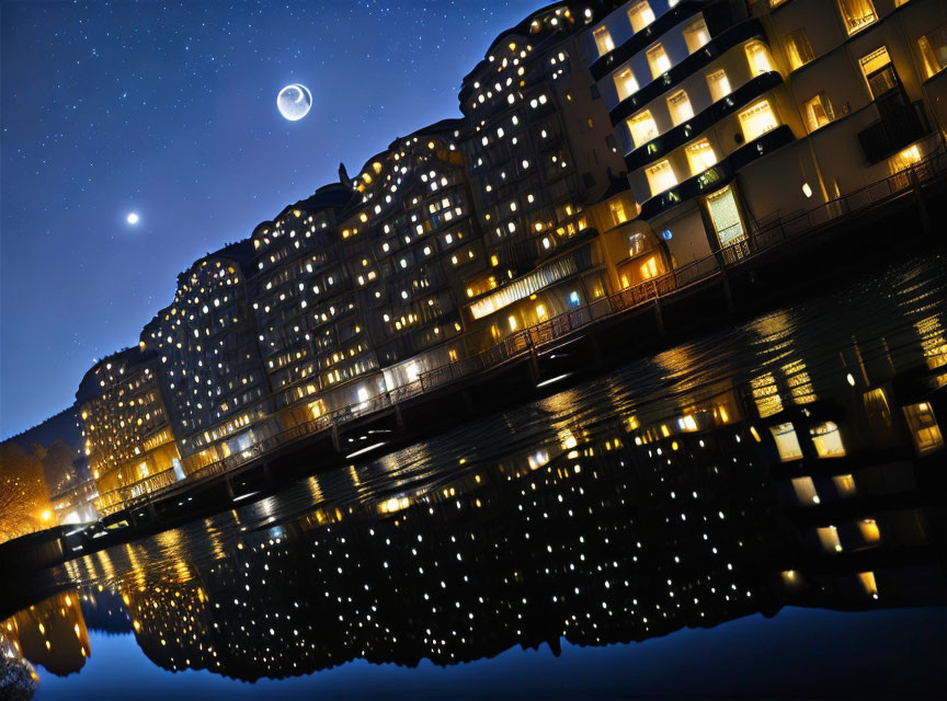 Night cityscape with modern buildings, crescent moon, stars, and reflections on water.