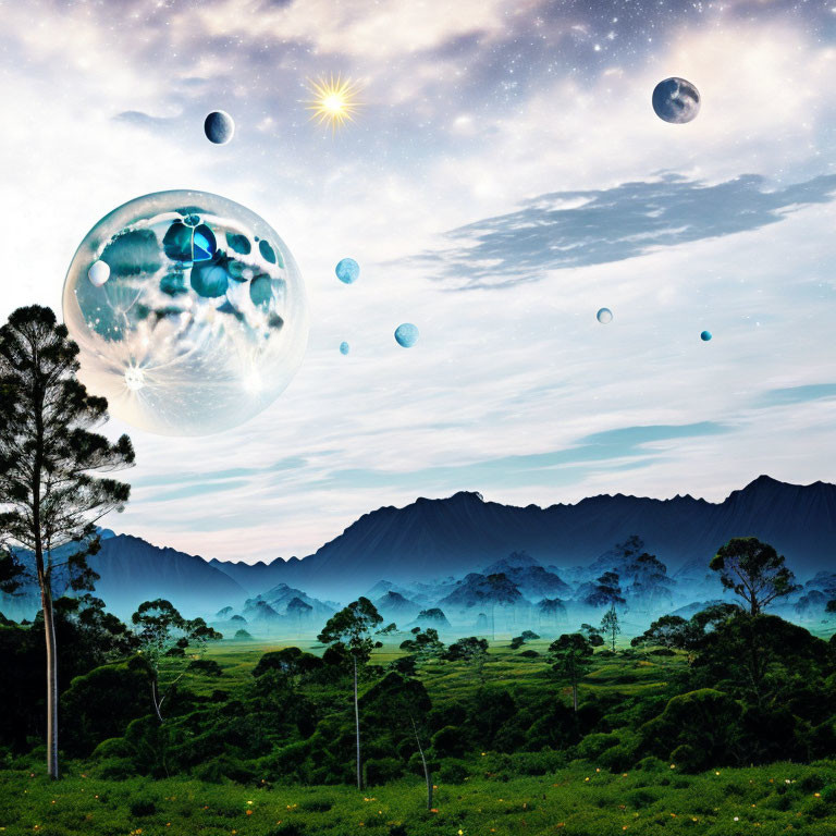 Surreal landscape with greenery, mountains, oversized bubbles, stars, and celestial bodies blending day