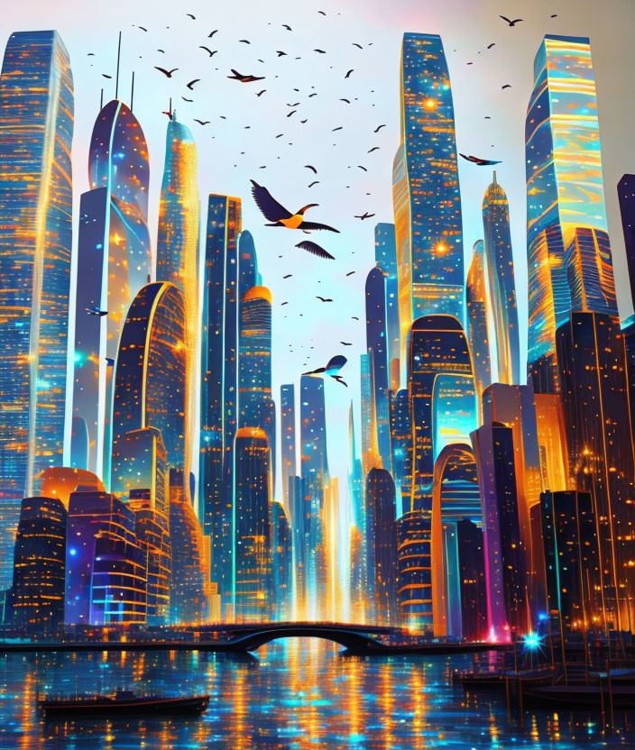 Futuristic cityscape at dusk with glowing skyscrapers and arched bridge