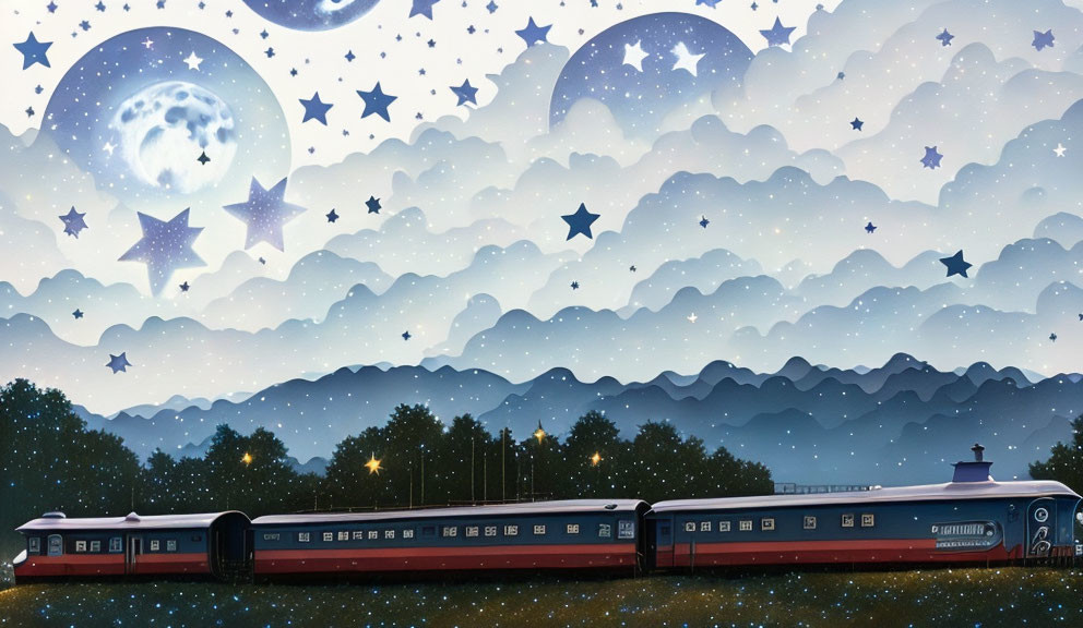 Vintage train chugging through starry nightscape with whimsical clouds and glowing moon