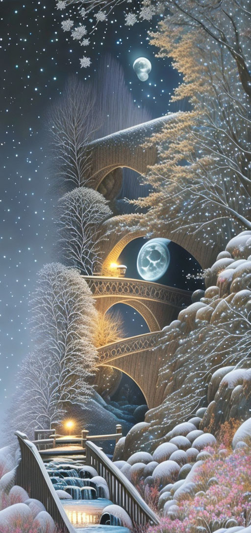 Fantastical winter scene with spiraling treehouse, lit bridges, frosted trees, and multiple