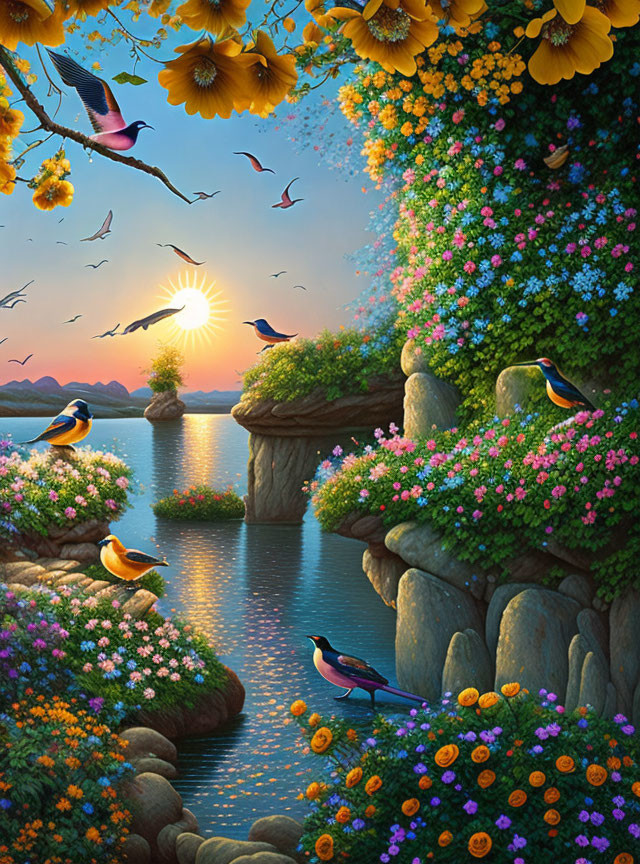 Serene river at sunset with lush flowers, birds, and foliage
