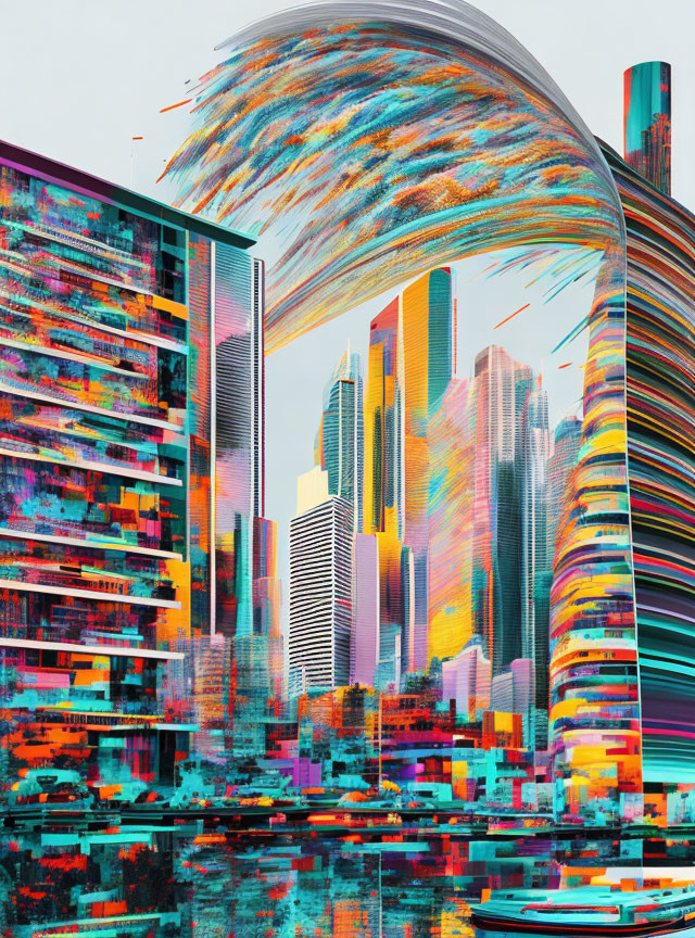 Colorful abstract cityscape with distorted skyscrapers and swirling sky in neon hues