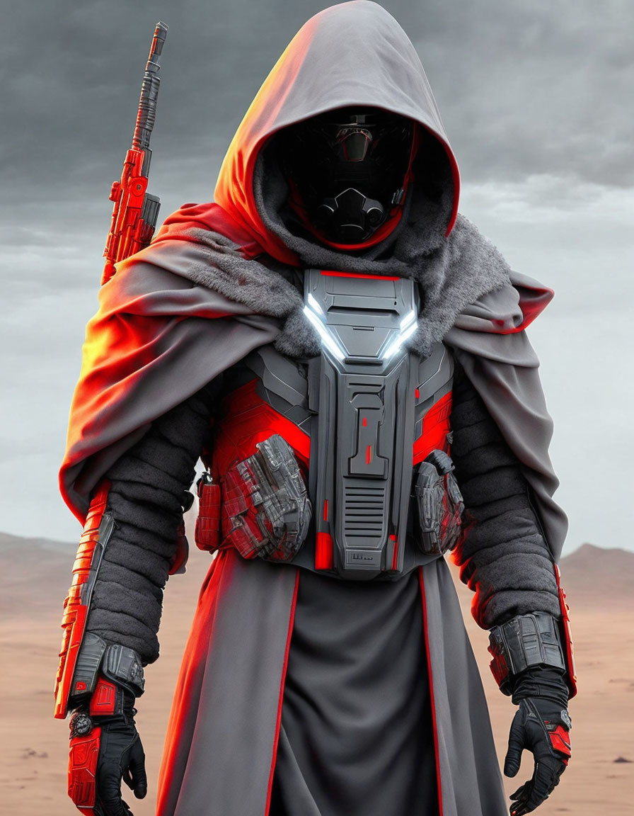 Futuristic figure in red cloak and helmet with rifle in desert landscape