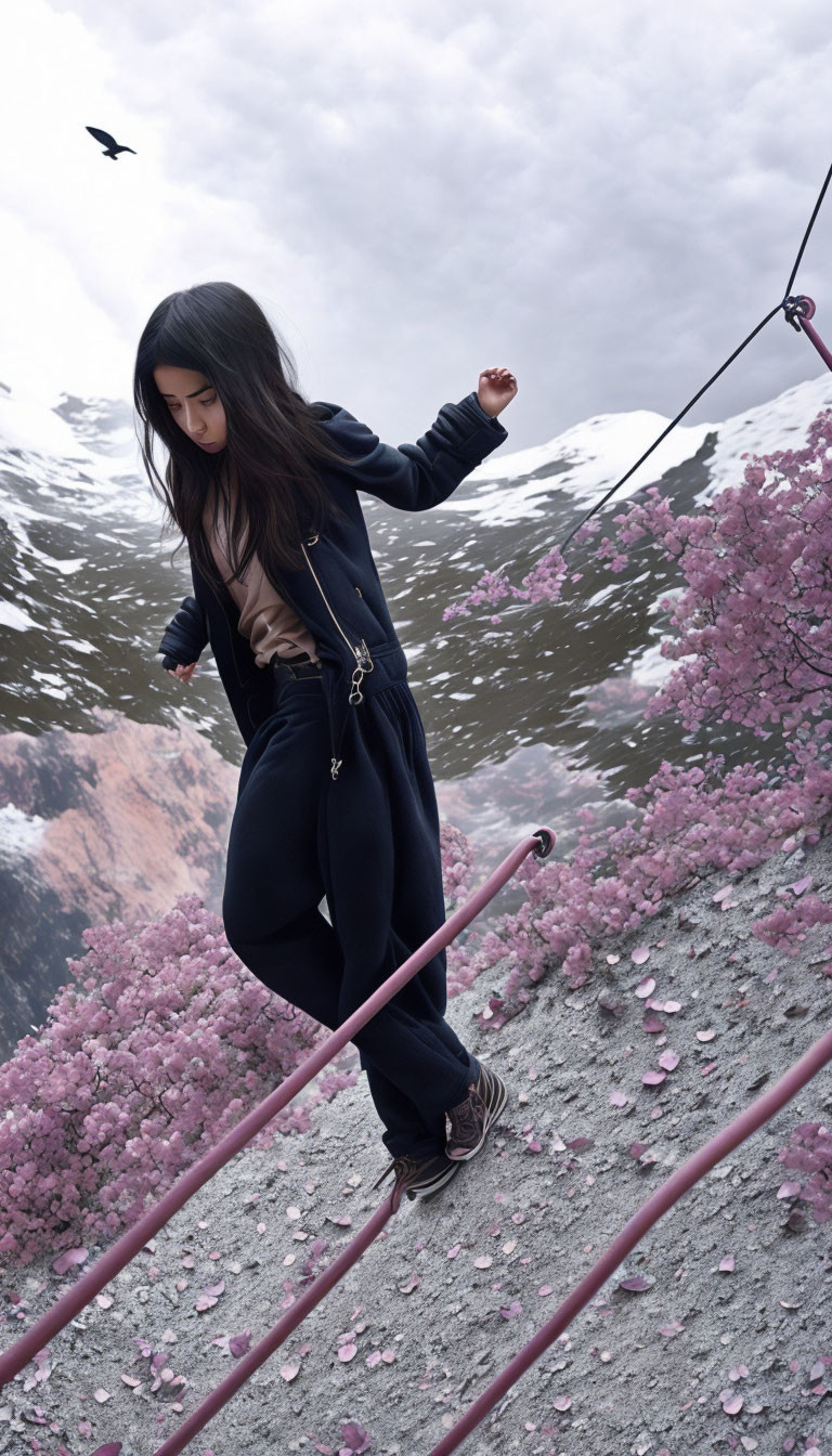 Woman in Black Attire Balancing on Pink Railing with Cherry Blossoms and Snowy Mountains