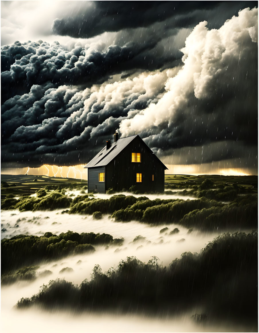 Solitary House in Stormy Landscape with Lit Windows