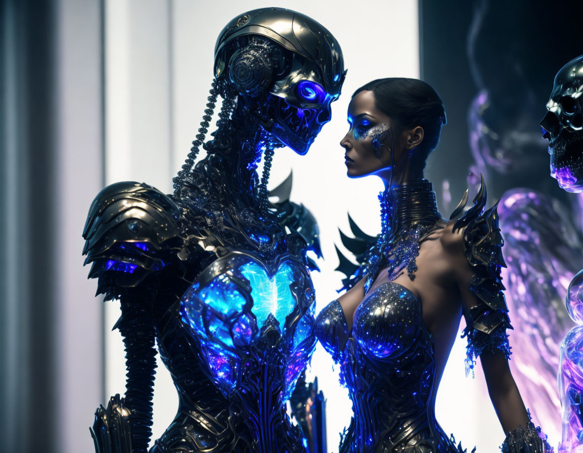 Intricate metallic humanoid robot with cybernetic woman