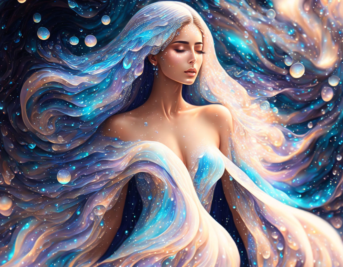 Galactic-themed portrait of a serene woman with flowing hair surrounded by orbs and cosmic colors