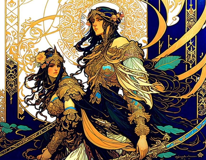 Stylized ornate female figures in flowing gowns and intricate headdresses on golden Art Nouveau