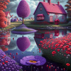 Vibrant landscape with colorful houses, purple trees, river, poppy field, and pink sky