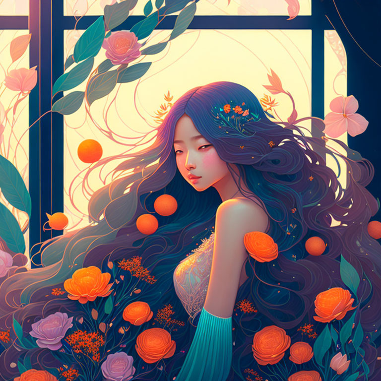Digital illustration: Woman with flowing hair and orange flowers