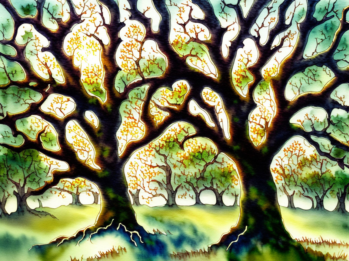Whimsical tree watercolor painting with elaborate branches