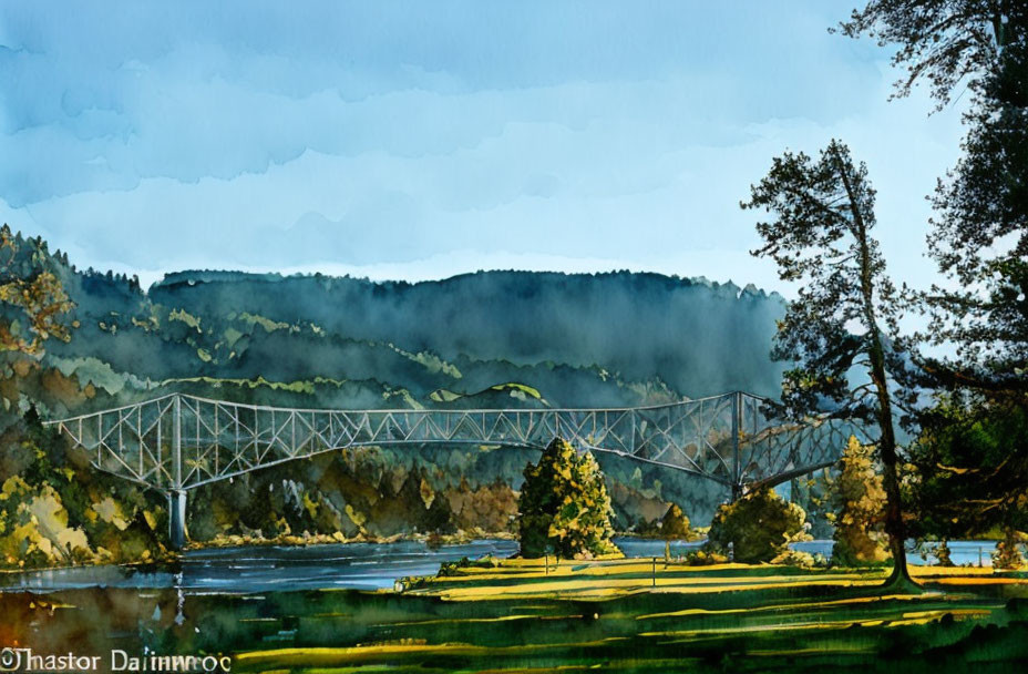 Serene landscape watercolor painting with metal bridge, misty hills, and lush trees