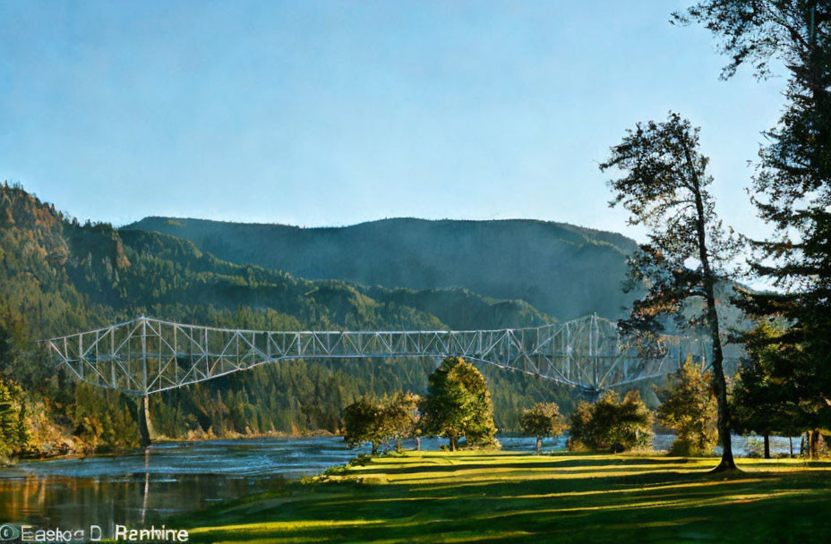 Tranquil landscape with steel truss bridge over river and lush green hills