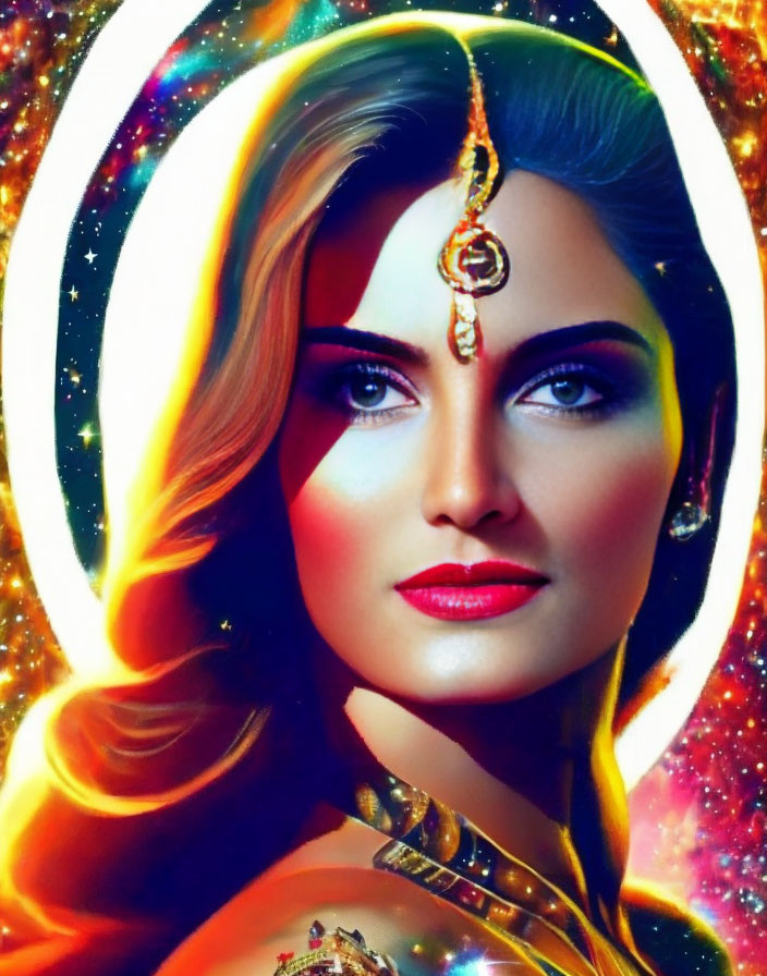 Portrait of Woman with Vibrant Colors and Cosmic Background