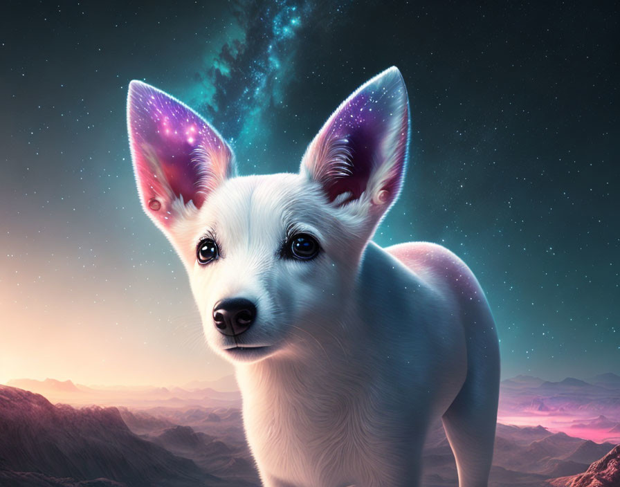Cosmic-themed digital artwork featuring a puppy in starry twilight landscape