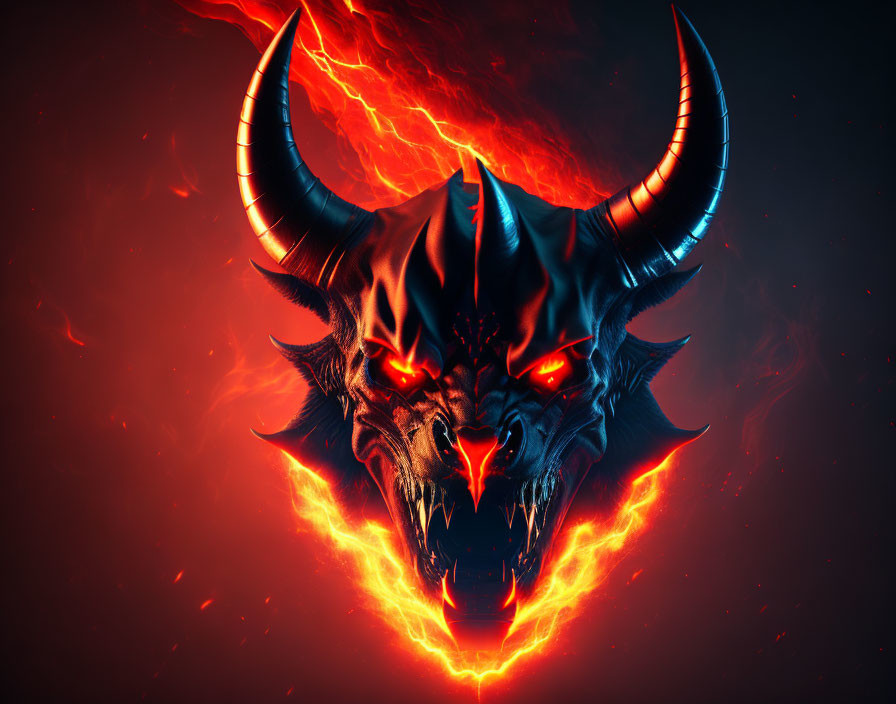 Demonic figure with glowing red eyes and sharp horns on fiery background