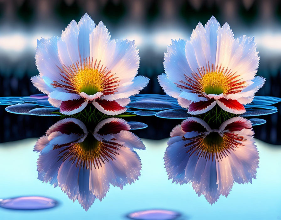 Vibrant white flower mirrored on water surface with blue leaves