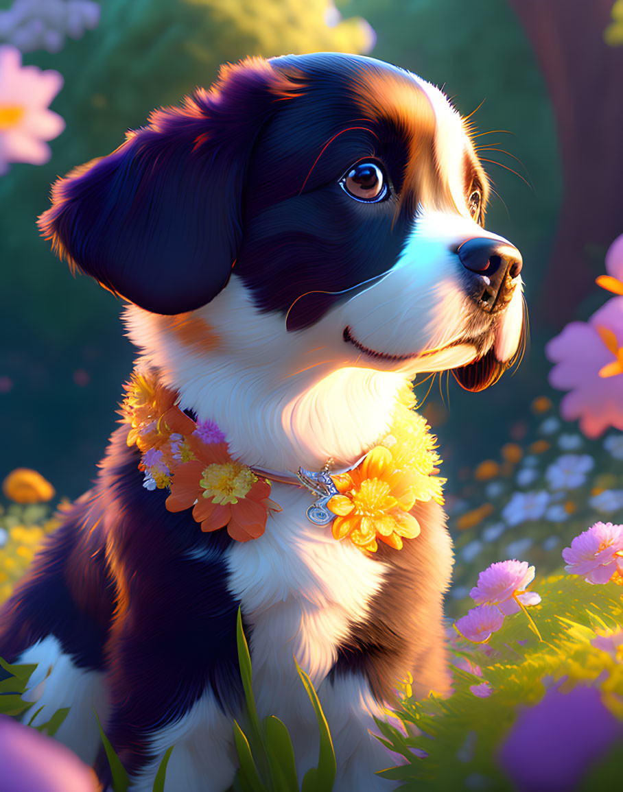 Bernese Mountain Dog digital art with floral necklace in sunny flower garden