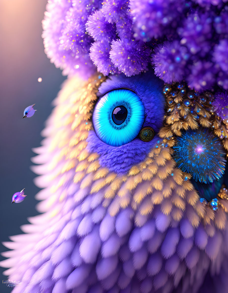 Colorful digital artwork: Whimsical creature with purple and gold fur, blue eye, and floating