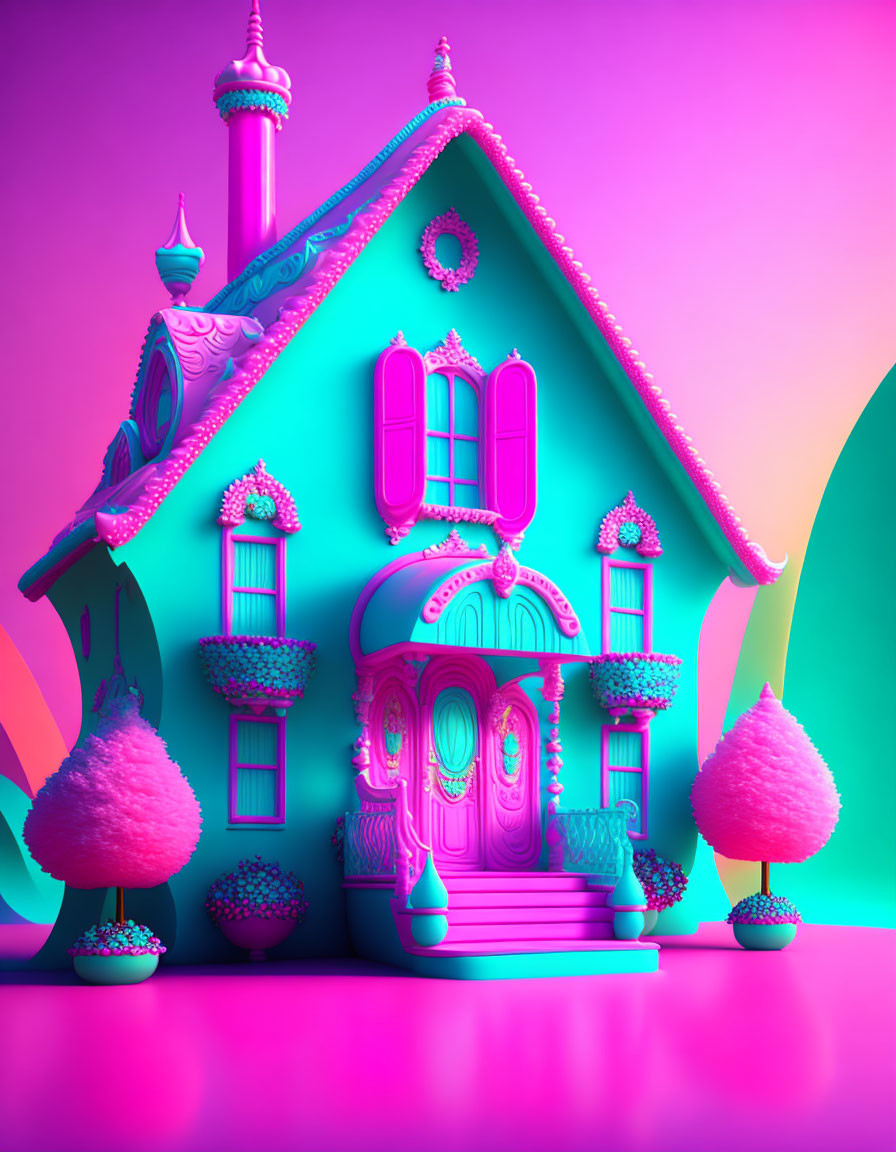 Colorful 3D illustration of whimsical house and trees on pink and turquoise background