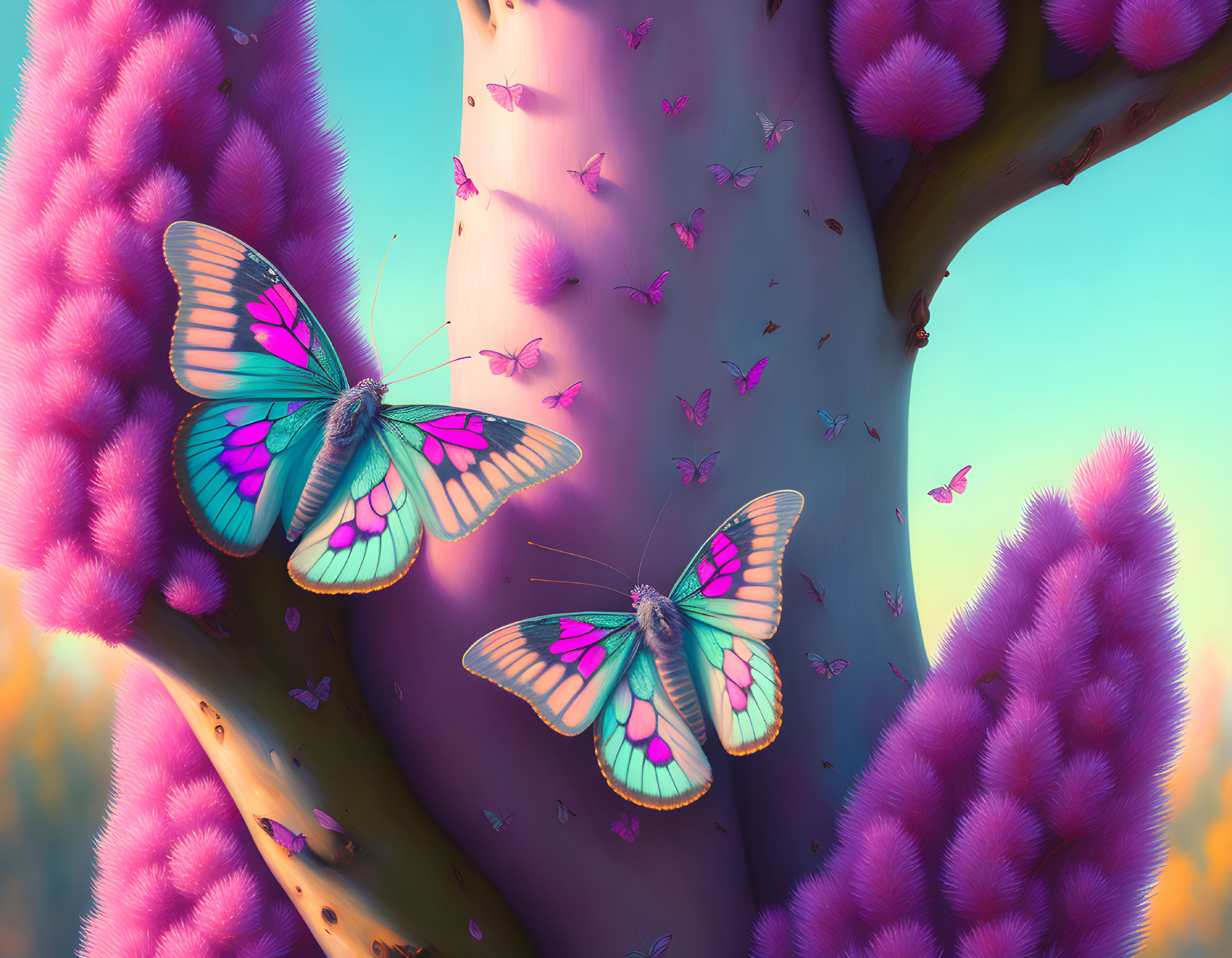 Colorful butterflies on purple cactus with soft-focus background