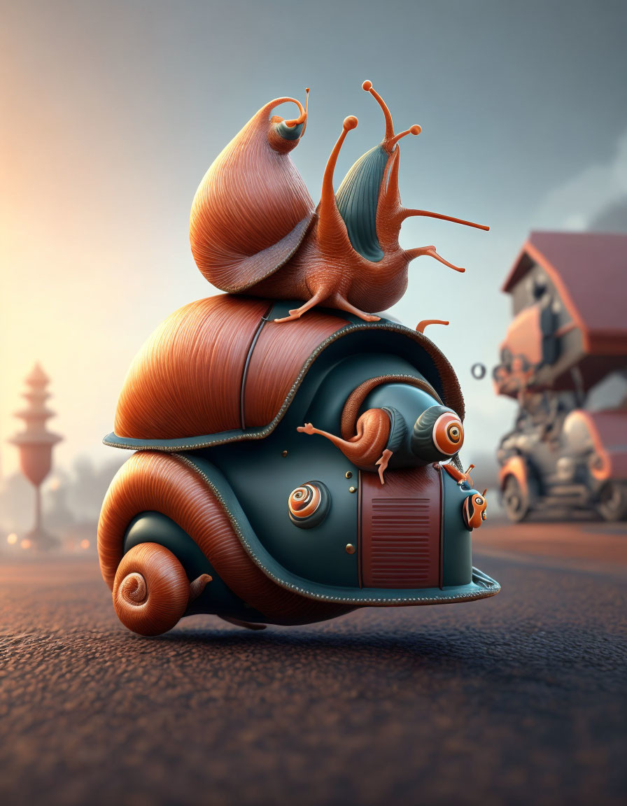 Illustration of snail-like creatures with vintage car shells on Eastern road