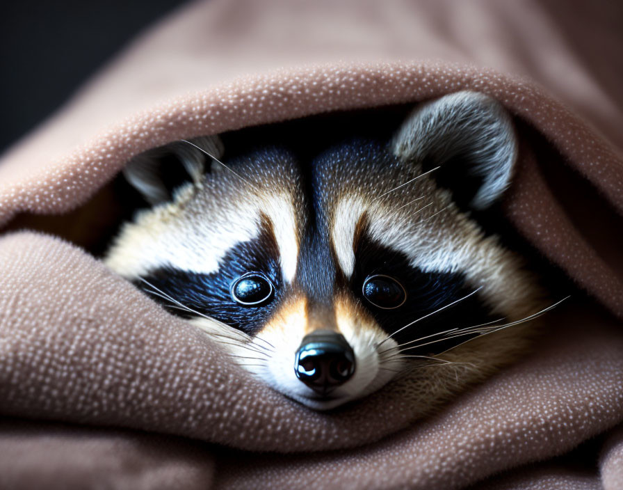 Curious raccoon face in black mask under cozy brown blanket