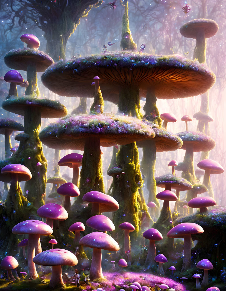 Enchanting Forest with Oversized Purple Mushrooms