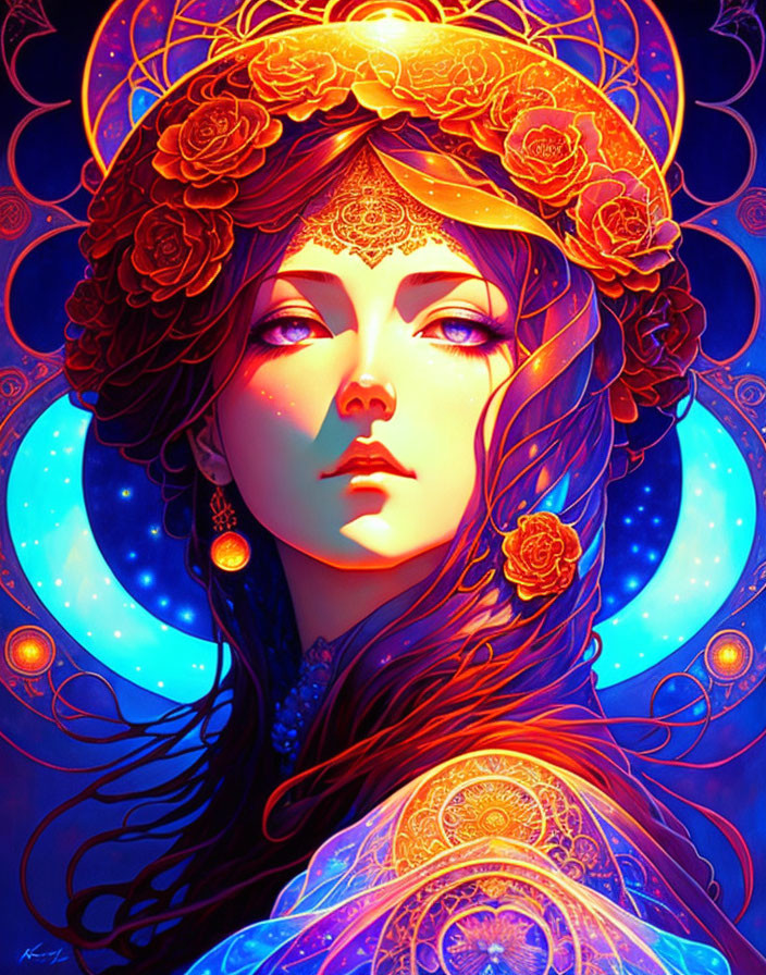Woman with ornate golden headwear and roses in luminous halo.