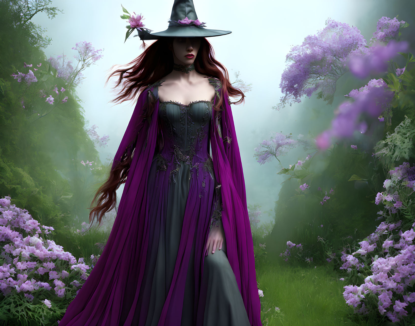 Woman in Purple Cloak and Hat Surrounded by Purple Flowers in Enchanted Forest