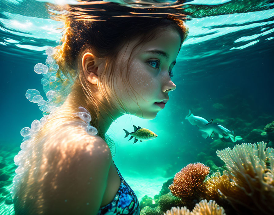 Young girl swimming underwater surrounded by coral and fish with sunbeams - contemplative face and floating hair