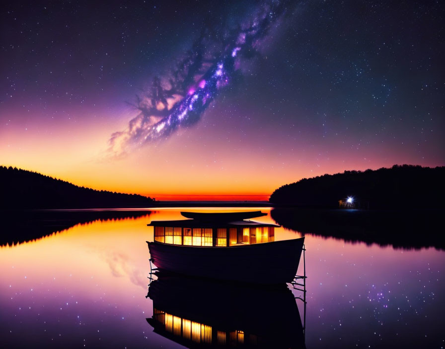 Tranquil night scene: boat on calm water under colorful sunset and starry sky