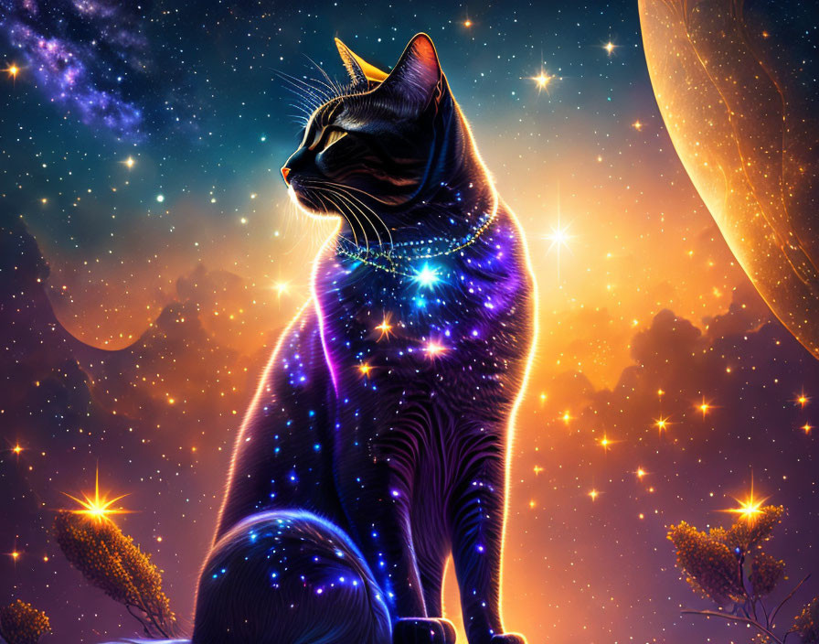 The silhouette of a cat gazing at the starry sky.