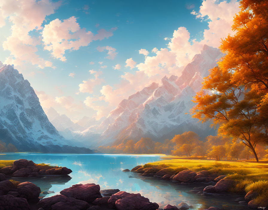Tranquil autumn landscape with lake, tree, mountains, and sky