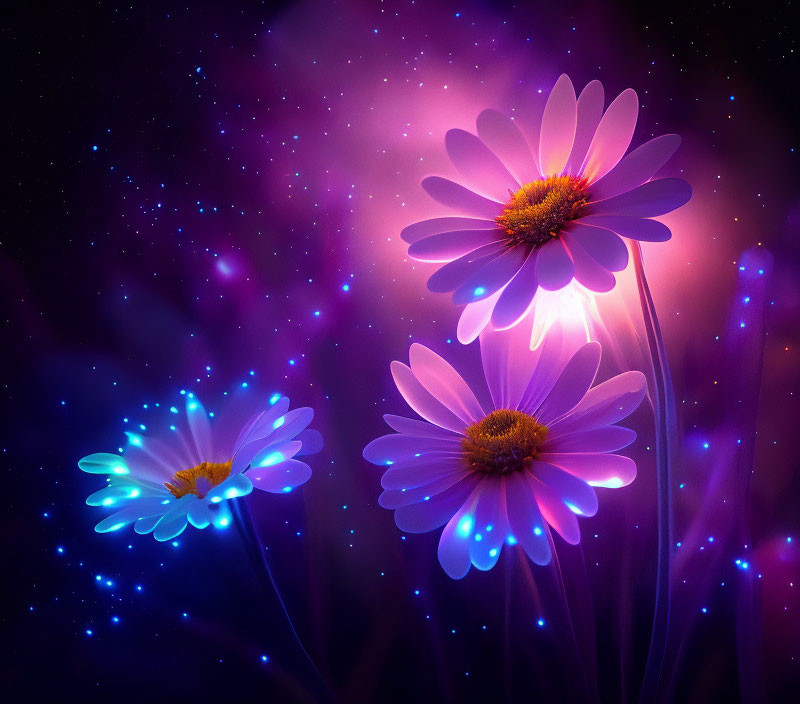 Glowing daisies on purple starry backdrop with luminous petals.